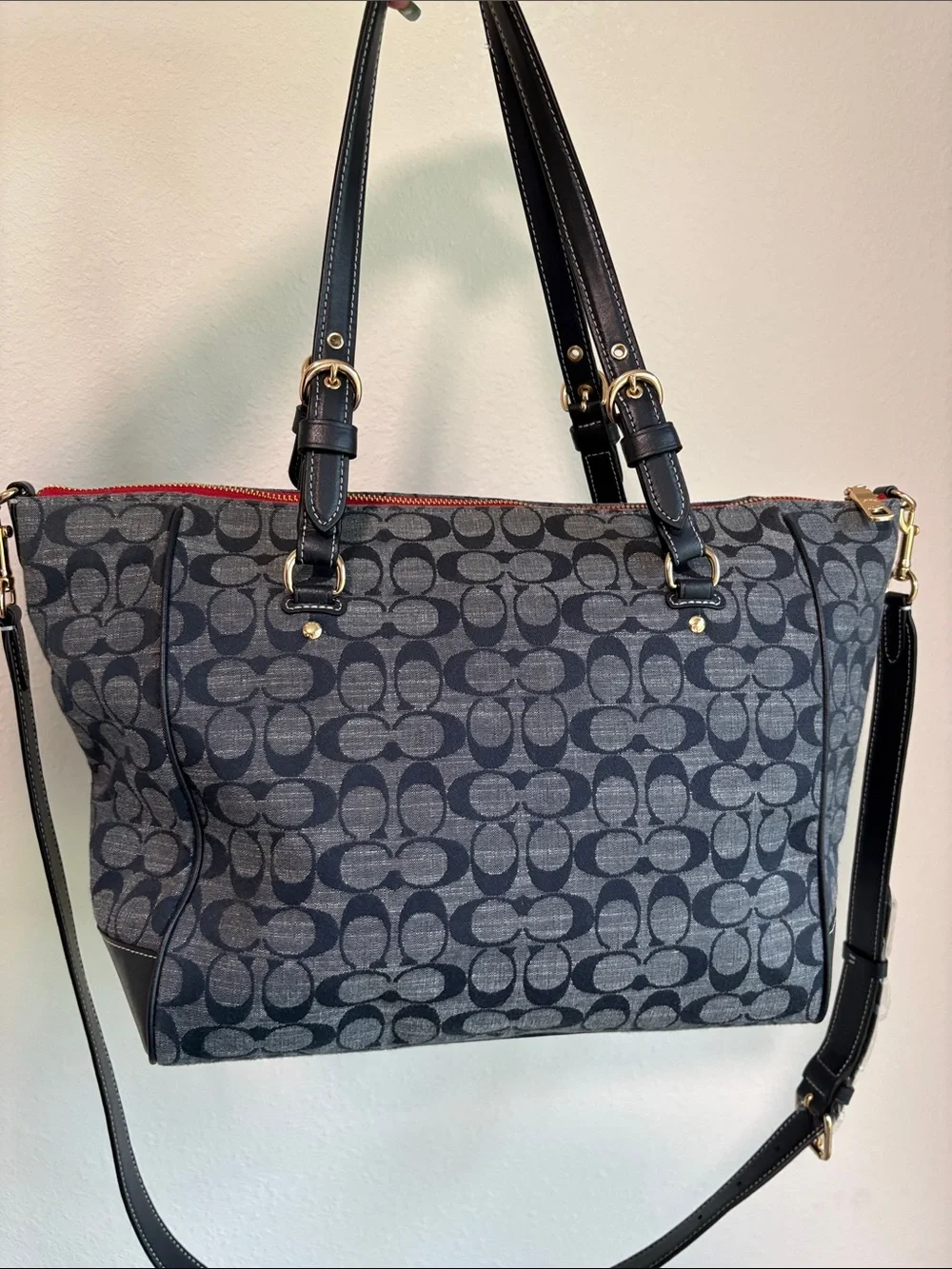 Coach Kleo Carryall in Signature Chambray Dark Blue Denim Tan Tassels - Picture 3 of 7